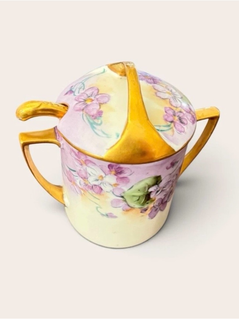 Hand-Painted Bavarian Porcelain Floral Sugar Bowl with Gold Accents